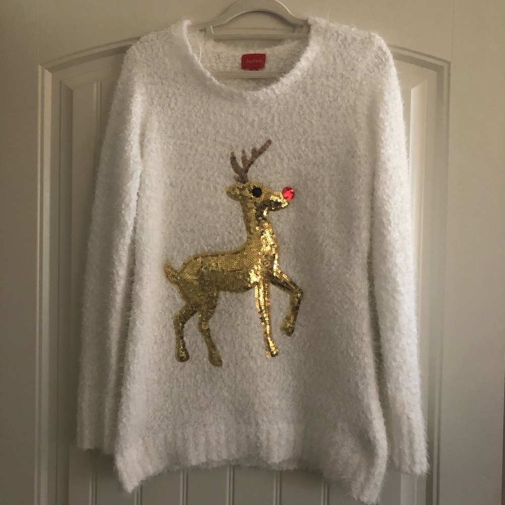 Cute sequin Reindeer white Christmas sweater